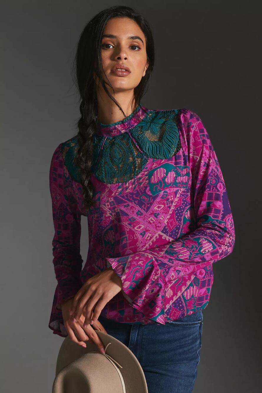 NWT Anthropologie Tiny Brenan Long Flutter-Sleeve Bohemian Top Size XS